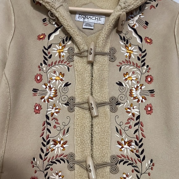 Panache Beige Faux Suede Floral Embroidered Jacket with Toggle Buttons - Picture 3 of 8